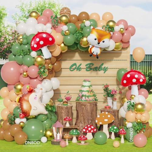 Image of 158Pcs Sage Green Pink Gold Woodland Balloon Garland Arch Kit,with Mushroom,Fox,Hedgehog Foil Balloons for Forest Fairy Wild Animal Theme Baby Shower Birthday Spring Garden Tea Party Decorations