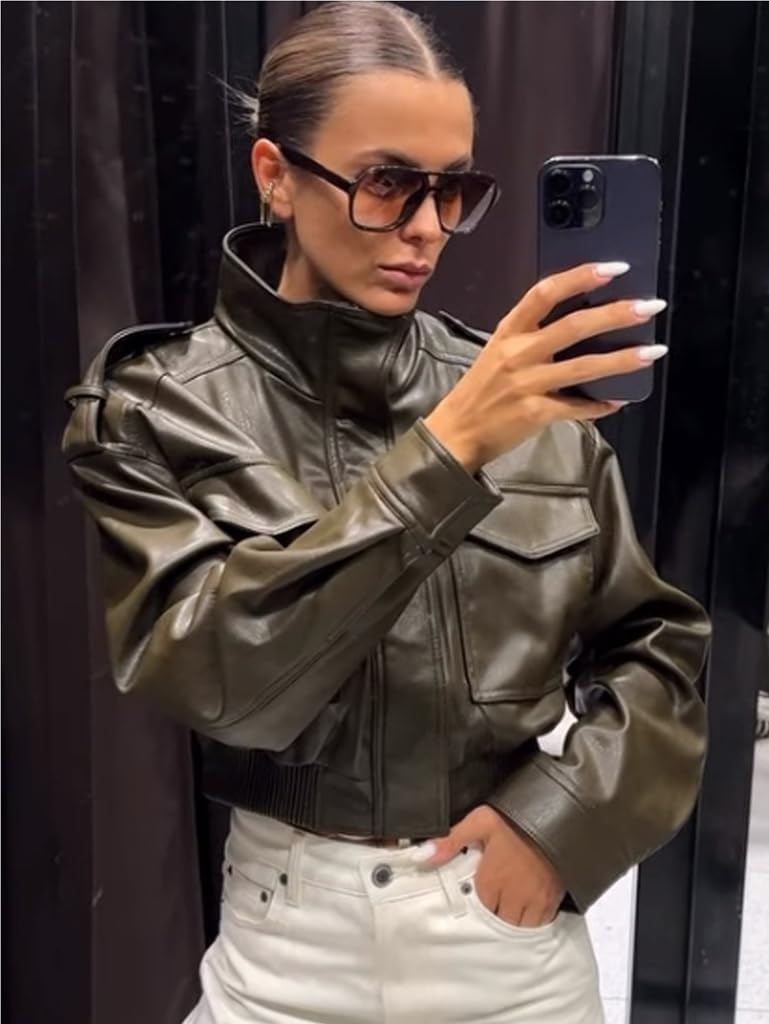 Green Leather Jacket Women Cropped Stand Collar Zip Up Olive Green Leather Bomber Jacket Women Trendy 2026 - Image 4