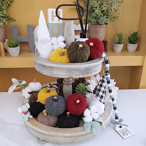 Image of Winlyn 12 Pcs Assorted Small Faux Sherpa Pumpkins Decorative Burgundy Yellow Olive Gray Taupe Black Fabric Foam Pumpkins for Farmhouse Fall Thanksgiving Halloween Table Centerpiece Decor