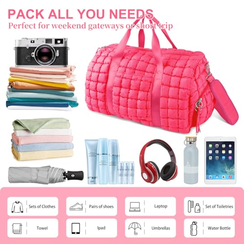 Image of Quilted Travel Duffle Bag Gym Bag for Women,Large Puffer Duffle Weekender Bag with Compartment,Workout Overnight Carry on Organizer Bag Duffle Bag for Airplane Travel(L-Rosered)