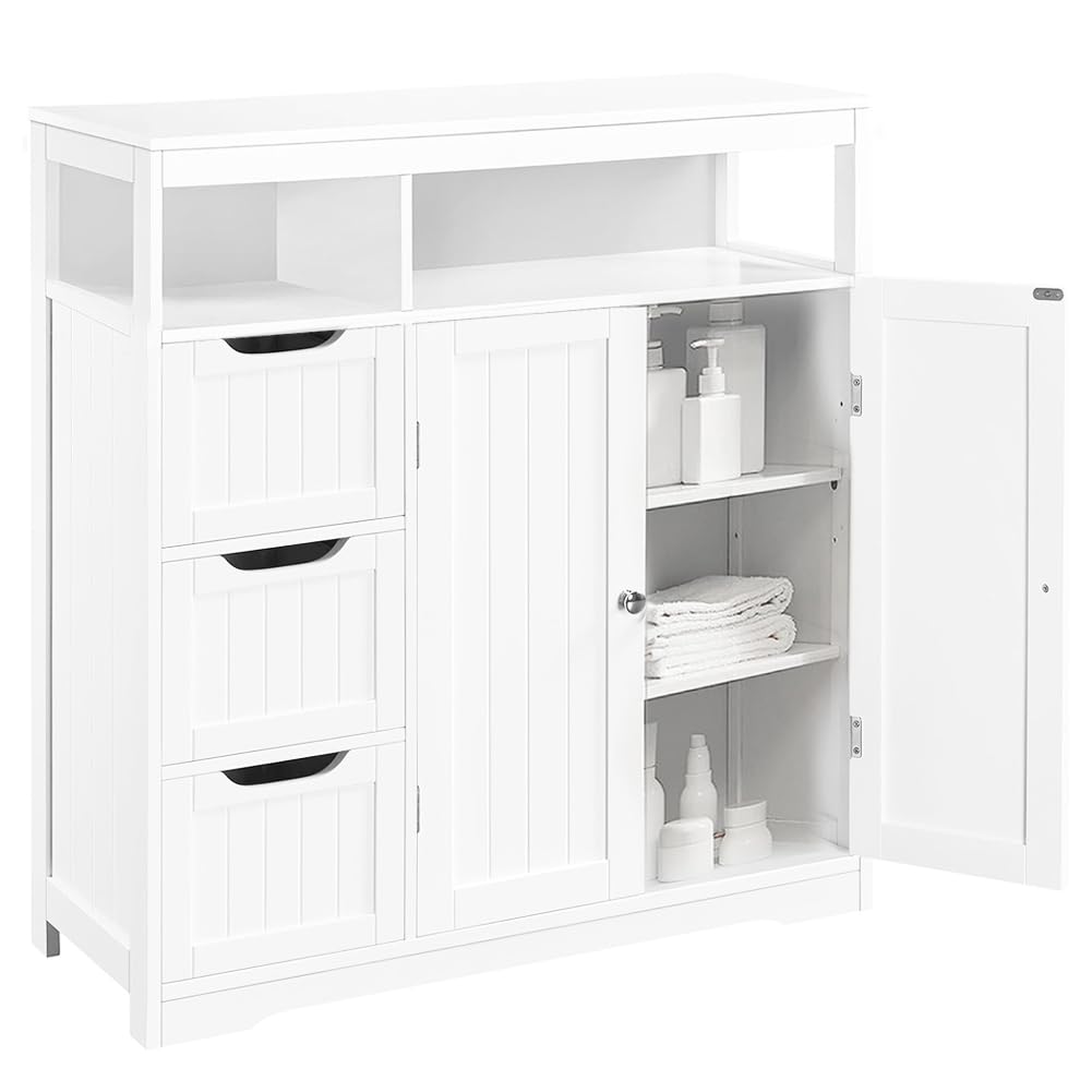 Shally Dogan Mobile da Bagno in Legno Bianco con 3 Cassetti, 2 Ante e 2 Ripiani Salvaspazio, Mobiletto Multiuso da Terra, Armadietto Autoportante per Soggiorno, Cucina, Ufficio, Armadio 80.5x30x86.5cm