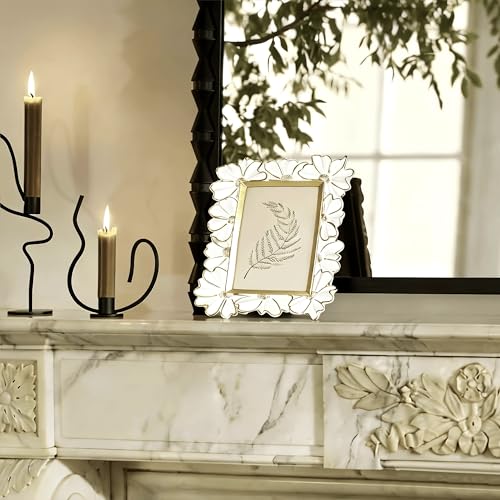 Image of Antique Floral Picture Frame - Resin & Glass Victorian-Style Frame for Tabletop or Wall Decor (White, 5 inch x 7 inch)