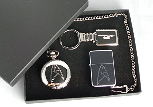 Star Trek GPO groupe plaqué argent Coffret cadeau exclusif Star Trek Starfleet commande, United Fédération des planètes Logo maçons de Londres, demi-Hunter montre de poche Star Trek Starfleet Logo Briquet à essence en métal plaqué argent poli Star Trek Enterprise porte-embout dans une boîte de présentation