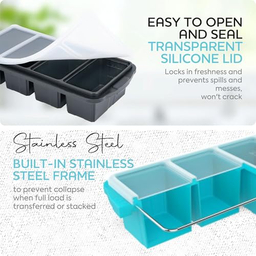 Image of XOMOO Silicone Freezer Tray With Lid - Soup Freezer Container molds - Large Ice Cube Tray- makes 8 perfect 1 cup portions cubes, 2-Pack Freezer Storage Food Soups & Meal Prep - Oven & Dishwasher -Safe