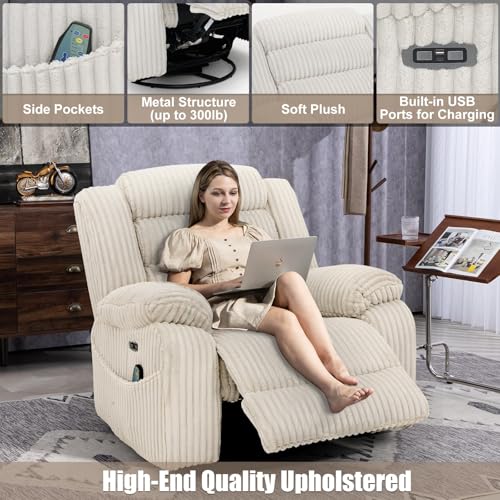 Power Swivel Rocker Recliner Chair for Adults with Massage and Heat, USB and Type-C Charging Port, Infinite Position, Electric Glider Rocking Chairs for Living Room, Nursery, Pale Grey