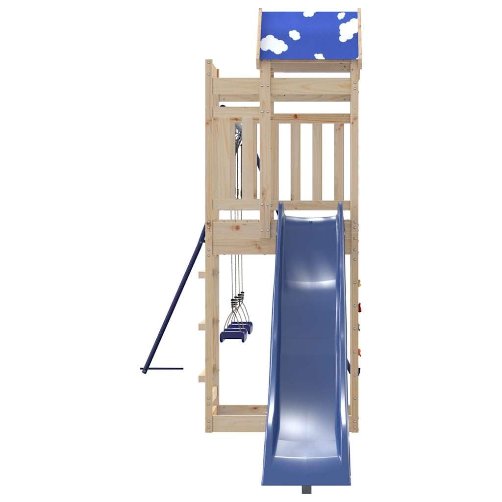 Torre da gioco in legno di pino massiccio con scivolo ondulato, doppia altalena, sabbiera e tetto a nuvola, piattaforma da 118 cm, giocattolo da giardino per giardino, cortile e terrazza