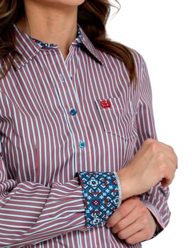 Cinch Women's Red and Blue Stripe Tencel Button Shirt2