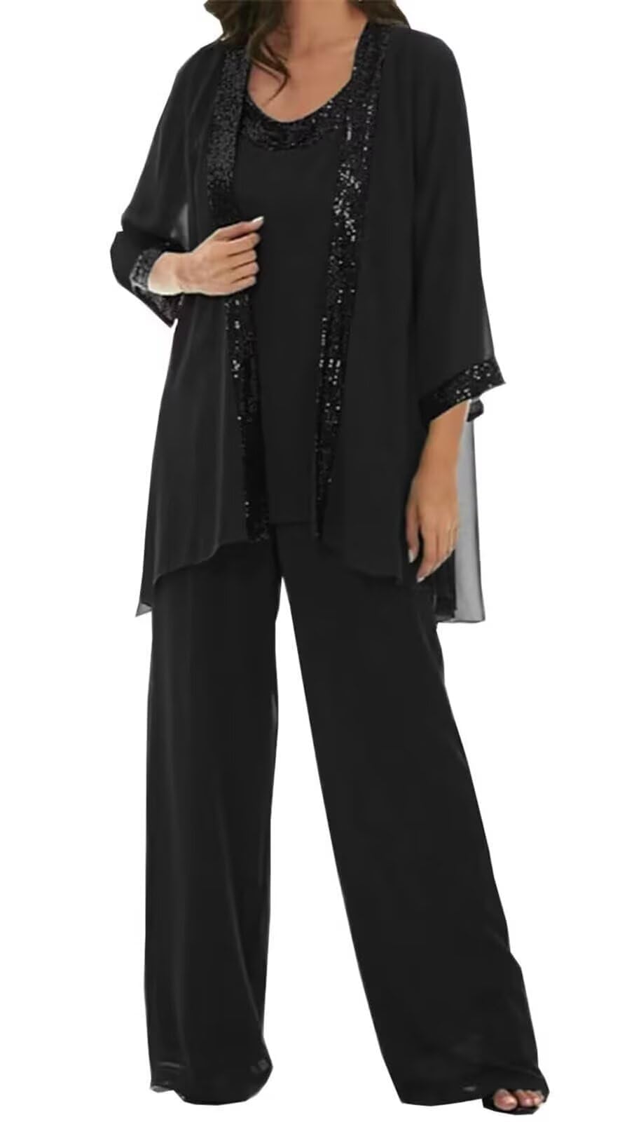 3 Piece Plus Size Mother of The Bride Pant Suits for Women Dressy Wedding Guest Chiffon Sequin Formal