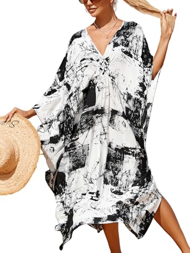 Image of IMAGEKOPE Women's Plus Size Animal Print V-Neck Batwing Kaftan Beach Dress Bathing Suit Cover-Up Loungewear