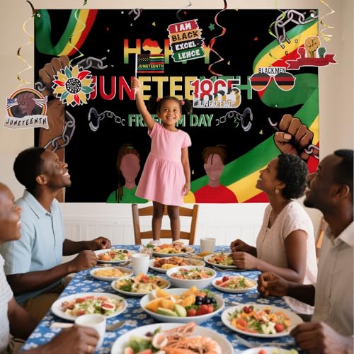 Image of Juneteenth Decorations Set, 20 Pack Small Juneteenth Flag Stick 5''x8'', Balloons, Banner, Backdrop, Hanging Swirls for Party