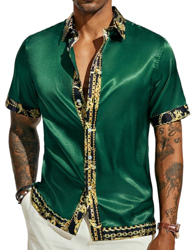 PJ PAUL JONES Mens Short Sleeve Button Down Shirts Casual Stretch Satin Silk Hawaiian Beach Shirt