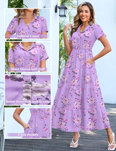Image of Kranda Women 2026 Summer Collared V Neck Short Sleeve Button Down Chiffon Long Tiered Floral Maxi Dress with Pockets