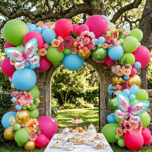 Image of Summer Balloon Arch Double Stuffed Latex Hot Pink Blue Green Gold Balloons with Pastel Butterfly Foil Balloon Garland for Tropical Flamingo Beach Hawaiian Luau Aloha Birthday Baby Shower Party Decor