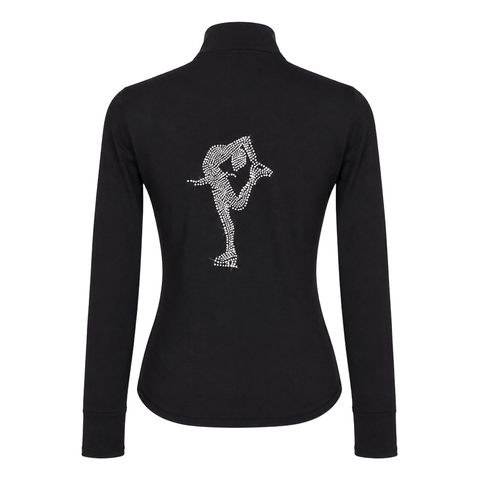 Damen Teen Eiskunstlaufjacke Reißverschluss Training Warm-up | Elastische Jacke mit Stehkragen, durchgehendem Reißverschluss, Daumenlöchern und Strass hinten
