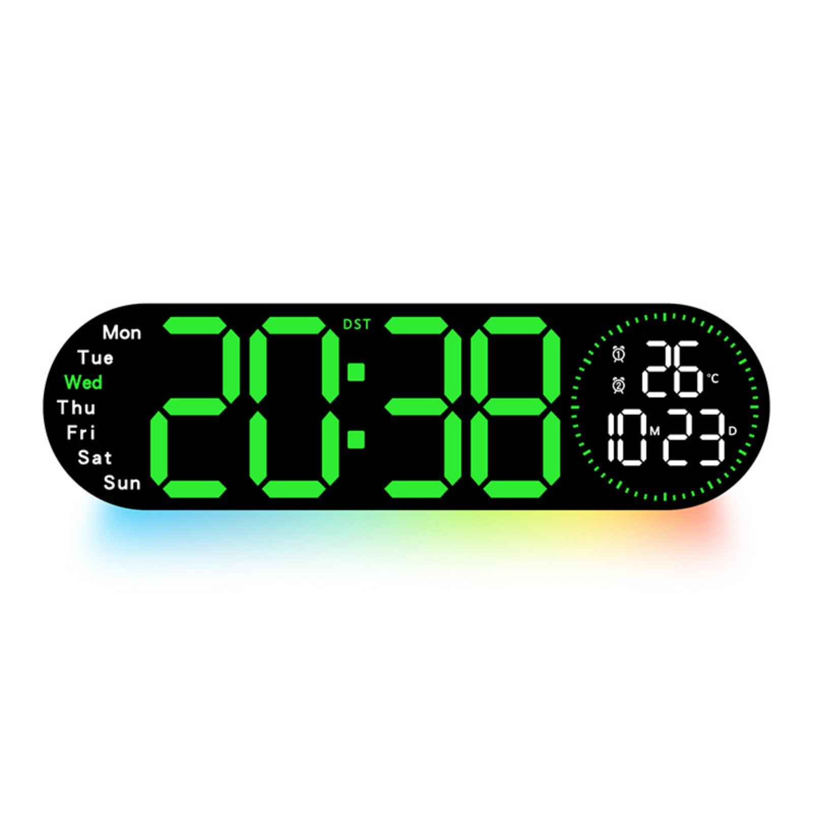 Reloj Digital de Pared con Gran Visor Central Indicador de Día a la Izquierda y Temperatura con Fecha a la Derecha Luz Ambiental Integrada y Estilo, Verde