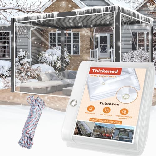 Tubtoken 20 Mil Heavy Duty Clear PVC Tarpaulins 8 x 8 FT, Waterproof Wind-Proof Transparent Vinyl Tarp for Patio Pergola Garden Canopy Rainproof Anti-Tear PVC Thick Cover with Grommets (8 x 8 FT)