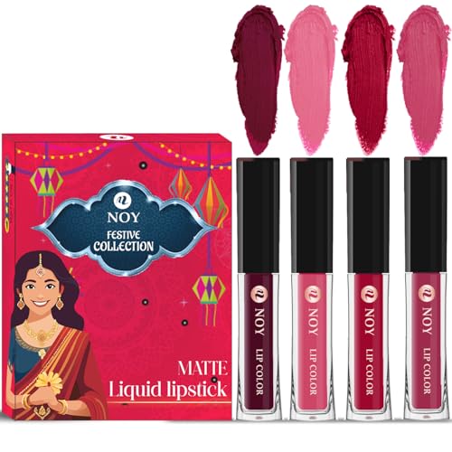 Image of Noy Lipstick For Dusky Skin Tone Matte Festival Collection 4 Bold Shades Wine, Peach, Cherry Pink, Pruple Shades