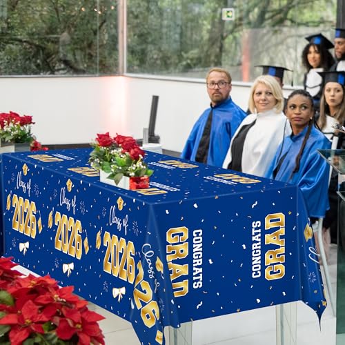 Image of QZYL 4 Pack Graduation Decorations 2026, 54 inch x 108 inch Blue and Gold Disposable Graduation Table Cloths, Grad Party Decorations for Class of 2026, Rectangle Plastic Tablecover for College Congrats Grad