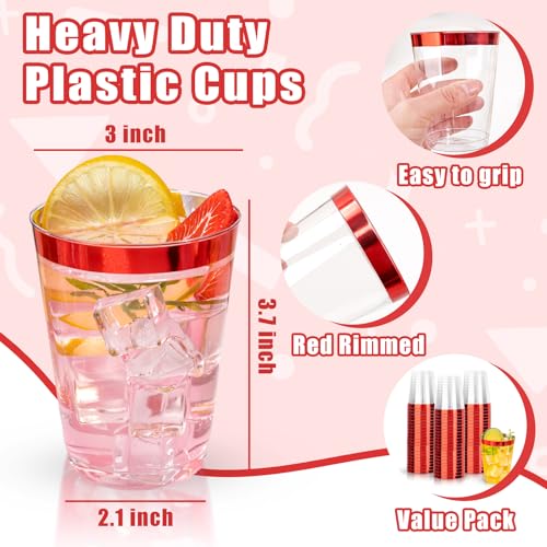 Image of DaYammi 100 Pack Red Plastic Cups 10 Oz,Red Rimmed Plastic Cups for Party Fancy Disposable Cup for Wedding Disposable Glasses Clear Tumblers with red Rim for Bridal Shower Elegant Wine Cocktail Cup