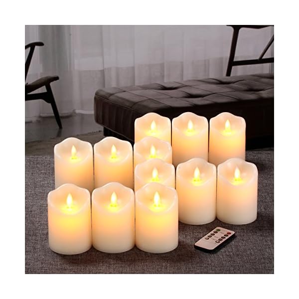 qinxiang flackernde LED-Kerzen, 12 Stück, Durchmesser 7,6 cm x Höhe 10,2 cm, elfenbeinfarbenes Echtwachs Stumpenkerzen… – Bild 3