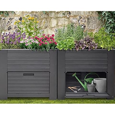 XXL Maxi Hochbeet Garten Schrank mit extra Staufächern für Gartenutensilien Frühbeet Kräuterbeet Pflanzkasten Gemüse Beet Pflanztisch in Holzoptik anthrazit (anthrazit mit 2 Staufächern) Cover
