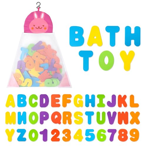 Image of Funsland Bath Toys Organizer + 36 Soft Foam ABC 123 Letters & Numbers Bathroom Alphabet Baby Toys for Early Learning Foam Letters and Quick Dry Storage Net Bag for Baby Boys and Girls