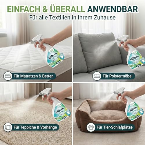 HomeBugProtect Milbenspray 500ml - Anti Milben Spray gegen Hausstaubmilben, Milbenspray für Matratzen als effektiver Schutz für Allergiker auch im Umfeld von Hunden und Katzen