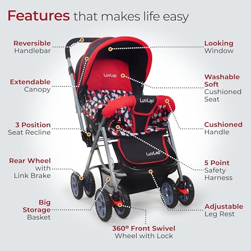 Image of LuvLap Sunshine Baby Stroller /Pram for 0 to 3 Years, New Born /Toddler /Kid, 5 Point Safety Harness, Adjustable backrest, 360 Swivel Wheel, Large Storage Basket, Reversible Handlebar (Red)