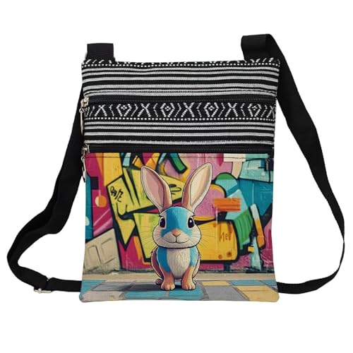 Street Art Rabbit Messenger Bag Small Ethnic Pattern Printed Adjustable Strap Crossbody Zipper Bag Street Art Rabbit Phone Bag Wallet Cute Shoulder Handbag for Women Friends -1