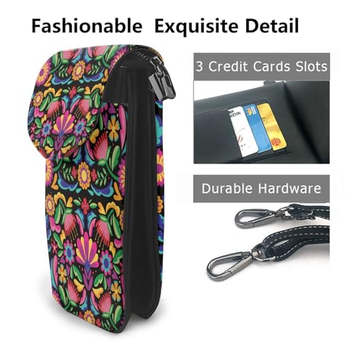 Colorful Floral Embroidery Mexican Print Small Crossbody Bags for Women Leather Cell Phone Purses Mini Leather Shoulder Handbag Adjustable Strap2