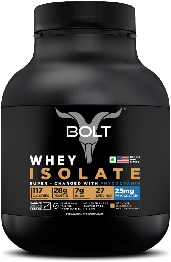 Bolt 100% Whey Isolate Powder | 28g Protein Per Scoop, 7G BCAA | Piedmont Chocolate | 27 Servings | 2lb,907G | Muscle Recovery | Lean Muscle Support | Fast Absorption |Gluten-Free | Easy to Digest