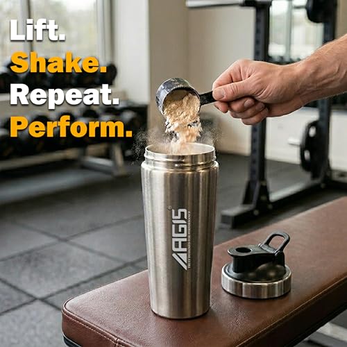 Image of AGIS Premium Stainless Steel shaker 700ml Leakproof Shaker Bottle with Measurement Marking, Perfect for Fitness Enthusiast & Athletes, Ideal for Mixing Protein Shakes & Pre-Workout Formula (Silver)