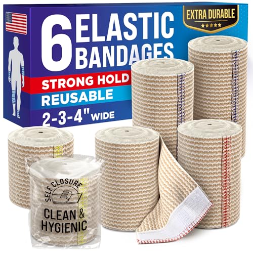 High-Performance Elastic Bandage Wrap - 6 Pack (2x2in, 2x3in, 2x4in) - Self-Closing Strong Compression Bandage Wrap for Feet, Ankles, Wrists, and Knees