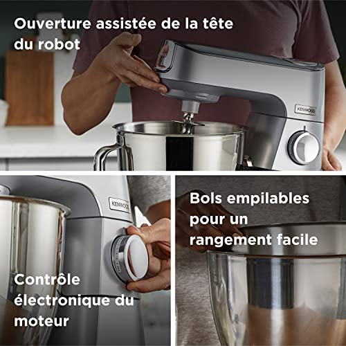 Kenwood Titanium Chef Baker KVC85.004SI Robot Patissier avec Balance Intégrée, Inclus Ensemble Pâtisserie 3 Pièces, Bol de Mélange de 5L et 3.5L, Régulateur de Vitesse Progressif, 1200W, Argenté
