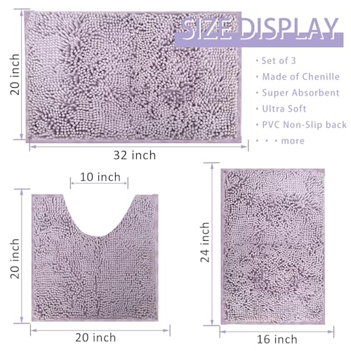 RUN HELIX Ultra Soft Chenille Bath Mat Non Slip, Bath Mat Set 3 Piece, Shaggy Bathroom Mats - Image 2