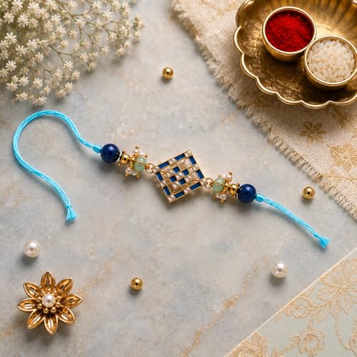Image of JAIPUR ACE Elegant Blue inchBRO inch Designer Rakhi Gift Set with Greeting Card and Roli Chawal Pouch, Premium Brother Rakhi, Festive Raksha Bandhan Gift for Brother, Traditional (NR5)