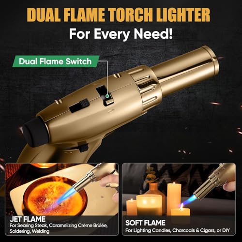 Image of KOACKL Dual Flame Butane Torch Lighter, Refillable Kitchen Torch, Adjustable Flame with Ignition Lock Mini Blow Torch for Cooking, Creme Brulee, Soldering, Welding (Butane Gas Not Included)