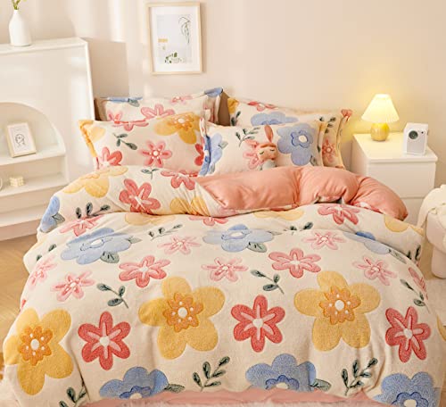 Image of LMONMOO Pink Duvet Cover Twin, Fluffy Comforter Cover Set, Kawaii Bedding Sets for Girl Ultra Soft Cute Floral Bed Set for Kids (Flower, Twin)