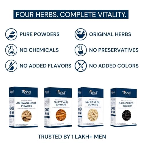 Image of TRIPHAL Shakti Plus Combo - 4-Herb Ayurvedic Powder Pack (Ashwagandha + Shatavari + Kaunch Beej + Safed Musli) - 100g x 4 - Clean Brand, ZERO Preservatives, Pure & Authentic -