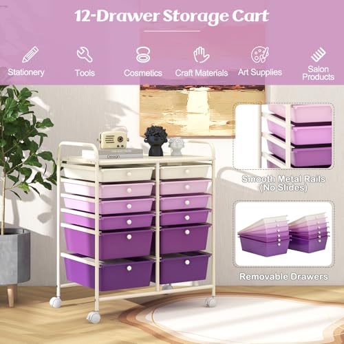 Image of LDAILY 12 Drawer Rolling Storage Cart, Craft Cart Organizer on Wheels with Metal Frame, Large Capacity & Smooth Drawers for Living Room, Classroom, Office (Gradient Purple)
