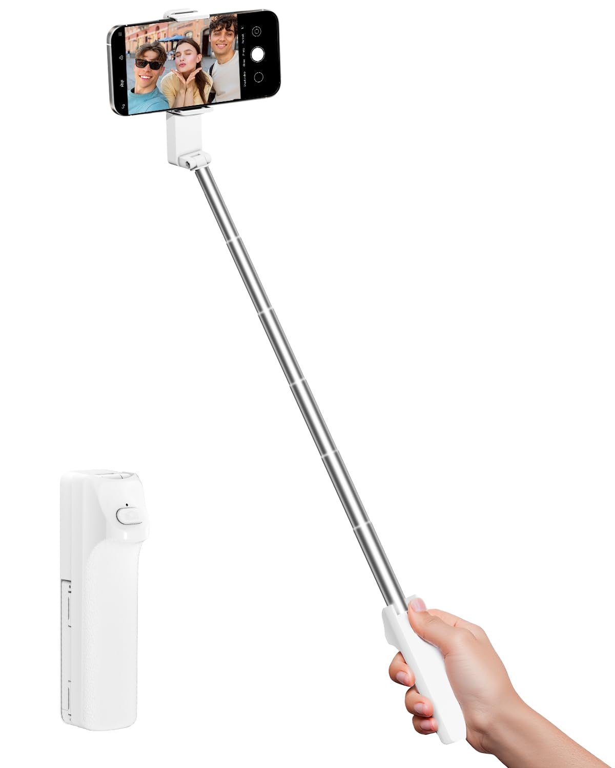 Selfie Stick for iPhone, Extended Portable Selfie Stick, Wireless Remote, Adujustable, Compact Phone Holder for Photograph, Video Recording, Streaming (White)