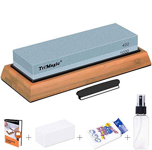 TriMagic Whetstone Knife Sharpening Stone 2 Side Grit 400/1000 Waterstone | Best Whetstone Sharpener | NonSlip Bamboo Base & Angle Guide