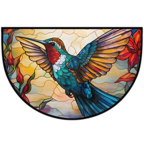 Image of Half Round Door Mat Hummingbird Bird Animal Flower Non-Slip Semi Circle Area Rug Washable Half Moon Hearth Rugs for Indoor Outdoor Bathroom Kitchen Patio Runner Mat Laundry Room Home Decoration