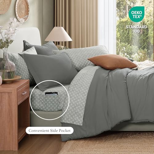 Monbix King Size Comforter Set - 7 Pieces Granite Grey Prewashed Bed in a Bag King Bedding Sets with Comforters, All Seasons Ultra Soft Comforter Bed Set with Sheets,Pillowcases & Shams