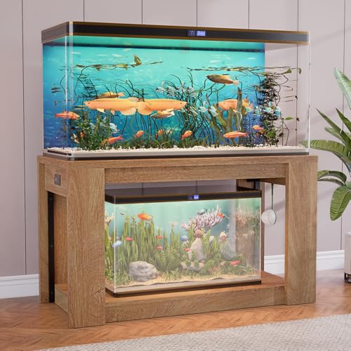 FUXJUM Farmhouse 75120 Gallon Aquarium Stand for Fish or Reptile Tank 48x24 Tabletop Terrarium Stand with Power Outlet and Storage Shelves Natural Brown Fish Tank Stand 1500LBS Capacity