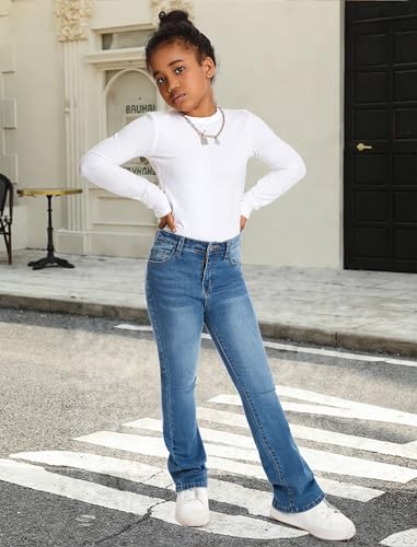 Girls Jeans Flare High Elastic Waist Denim Pants Bell Bottom Stretch Cute Y2K Streetwear with Pockets 7-14Y2