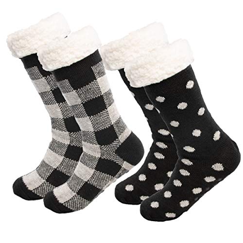 Treehouse Knit (2 Pack Womens Thick Knit Sherpa Fleece Lined Thermal Fuzzy Slipper Socks with Grippers