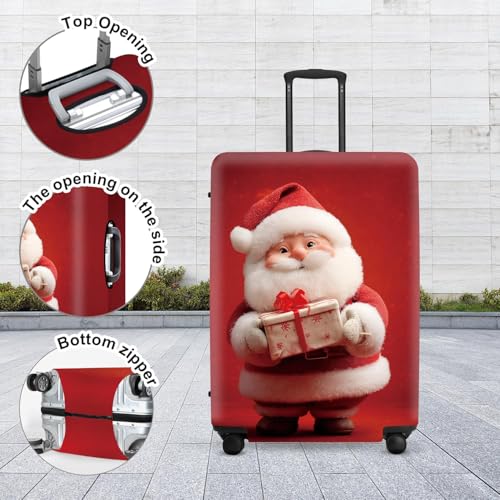 Image of Doll Style Luggage Cover - 3D Santa Holding Present on Red Background, Unique Suitcase Protector for 18 20 22 Inch Bag