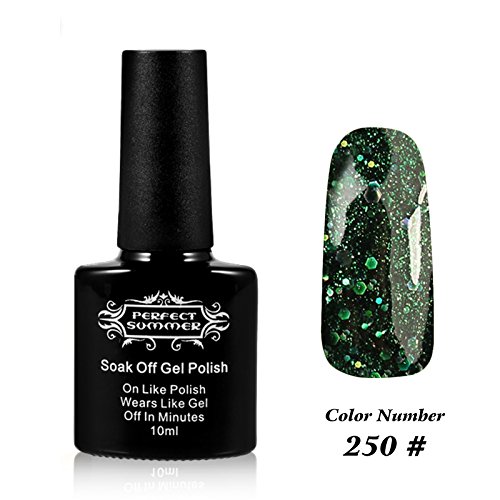 Perfect Summer UV LED Soak Off Gel Nail Polish 10ml Nail Lacquer, Shiny Snowflake Color #250 Glitter Emerald
