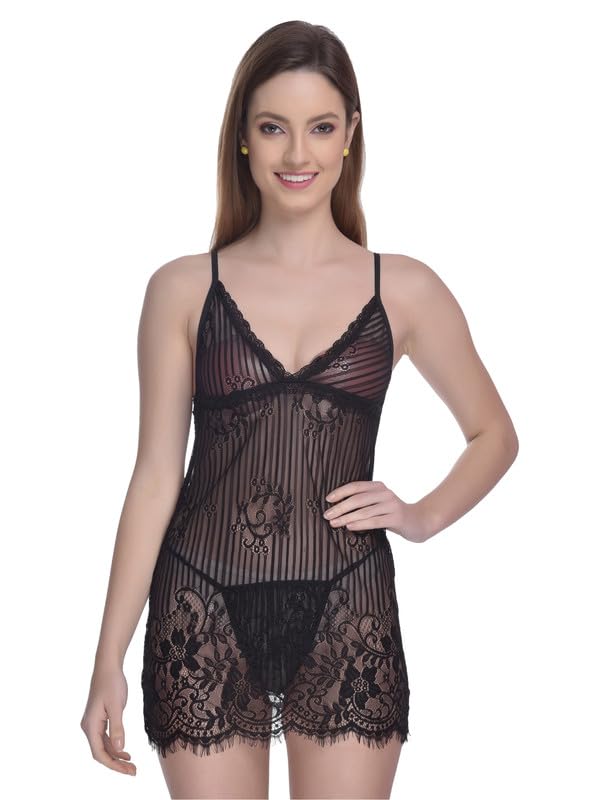 Image of Women Satin Lace Solid Print Babydoll Lingerie Honeymoon Nighty.